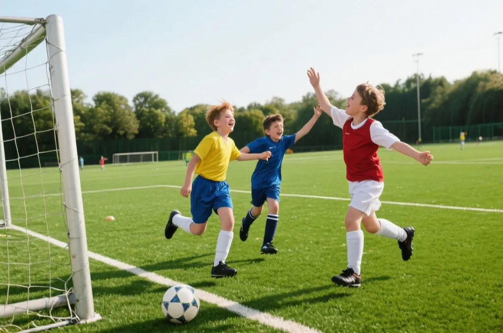 Dynamic action shot of young soccer players celebrating a goal with passion on a green field