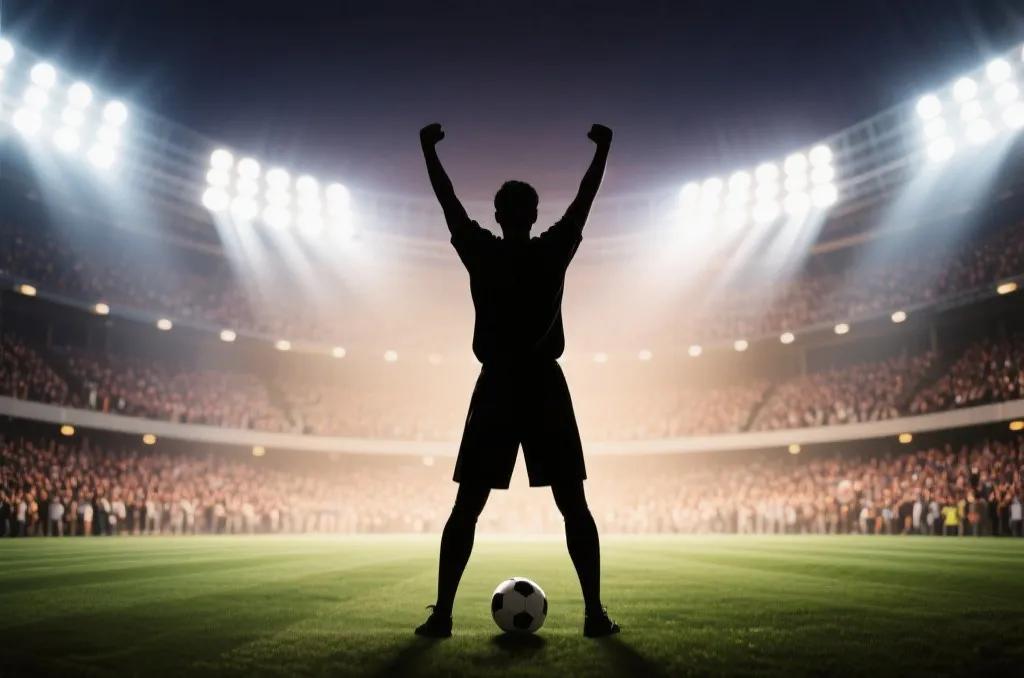 A generic soccer player silhouette celebrating in front of a giant stadium crowd under bright spotlights, abstract sports background